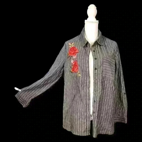 UNIQUE SPECTRUM Womans GRAY Blouse ROSES Applicate Lightweight Long Sleeve 1x 16 - Picture 6 of 8